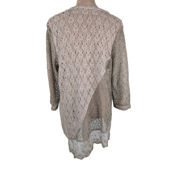 Chico's Nora Linen L XL Mixed Media Modern Asymmetrical Open Knit Tan Pullover - Picture 3 of 9